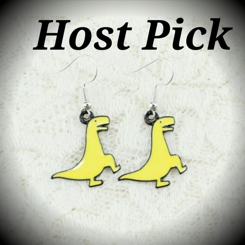 New Yellow Dinosaur Silver Hook Enamel Dangle Earrings.